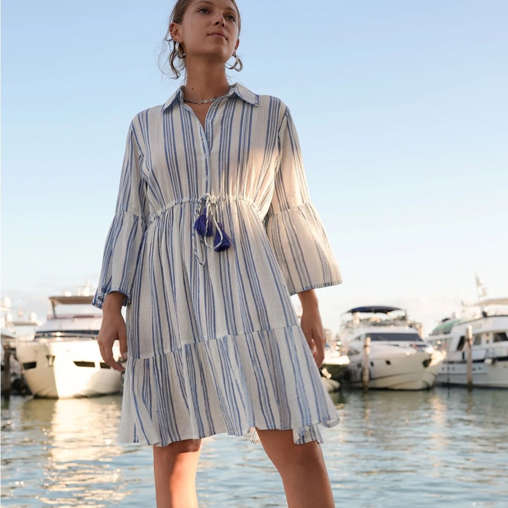 DEBBIE KATZ Luli‎ Shirt Dress Size XL Blue Metallic Stripe